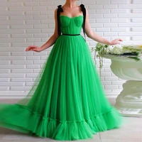 elegant green dotted tulle long prom dresses pleats velvet spaghetti strap a line floor length with zipper 2022 robes de soir%c3%a9e