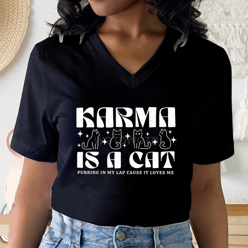 Woman T-shirts Karma Is A Cat Graphic Tee Gift for Owner Cartoon T-shirt Funny T Shirts Trendy Fan Cats Lover