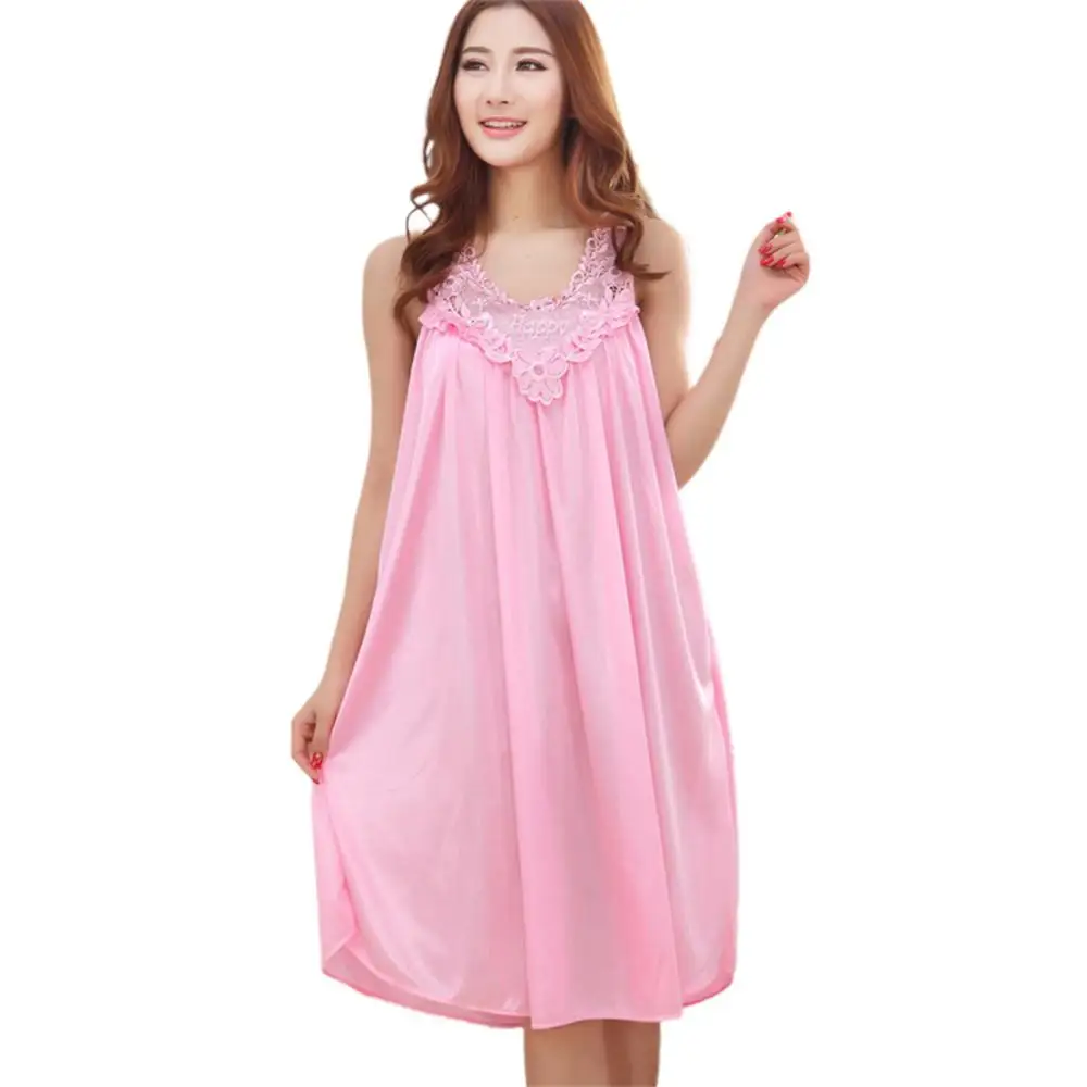 

Sexy Women's Nightdress Sleeveless Deep V Collar Mesh Dress Sleeveless Floral Brim Knee-length Night Dress Sleepwear