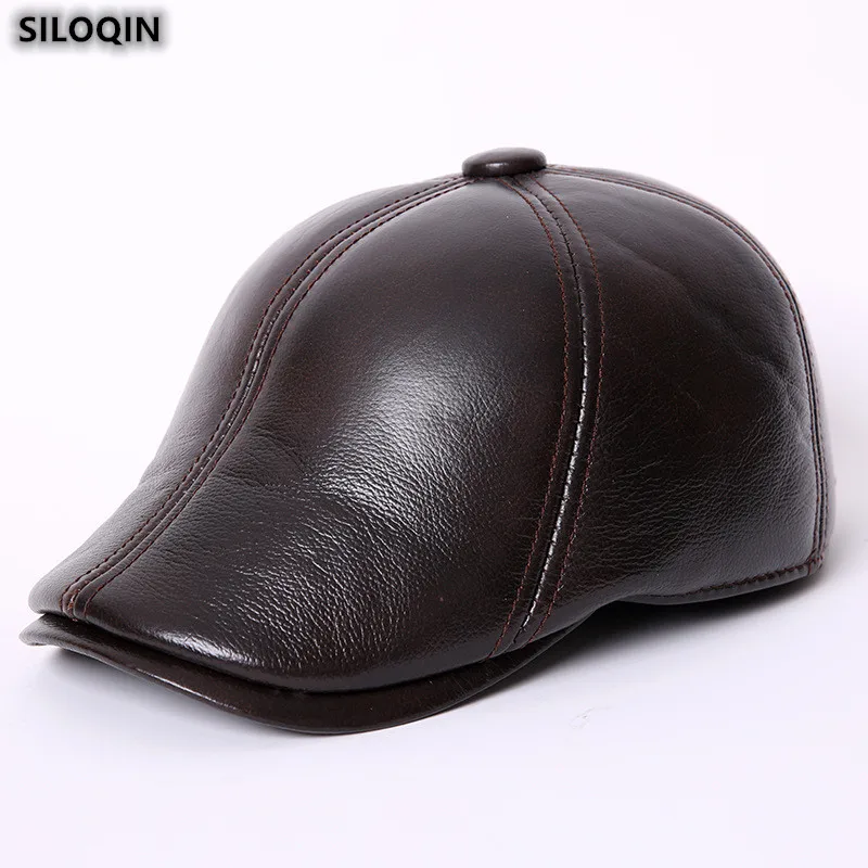 

Genuine Leather Hat Autumn Winter Fashion Cowhide Leathers Men's Berets Earmuffs Plus Velvet Warm Snapback Peaked Cap Casquette