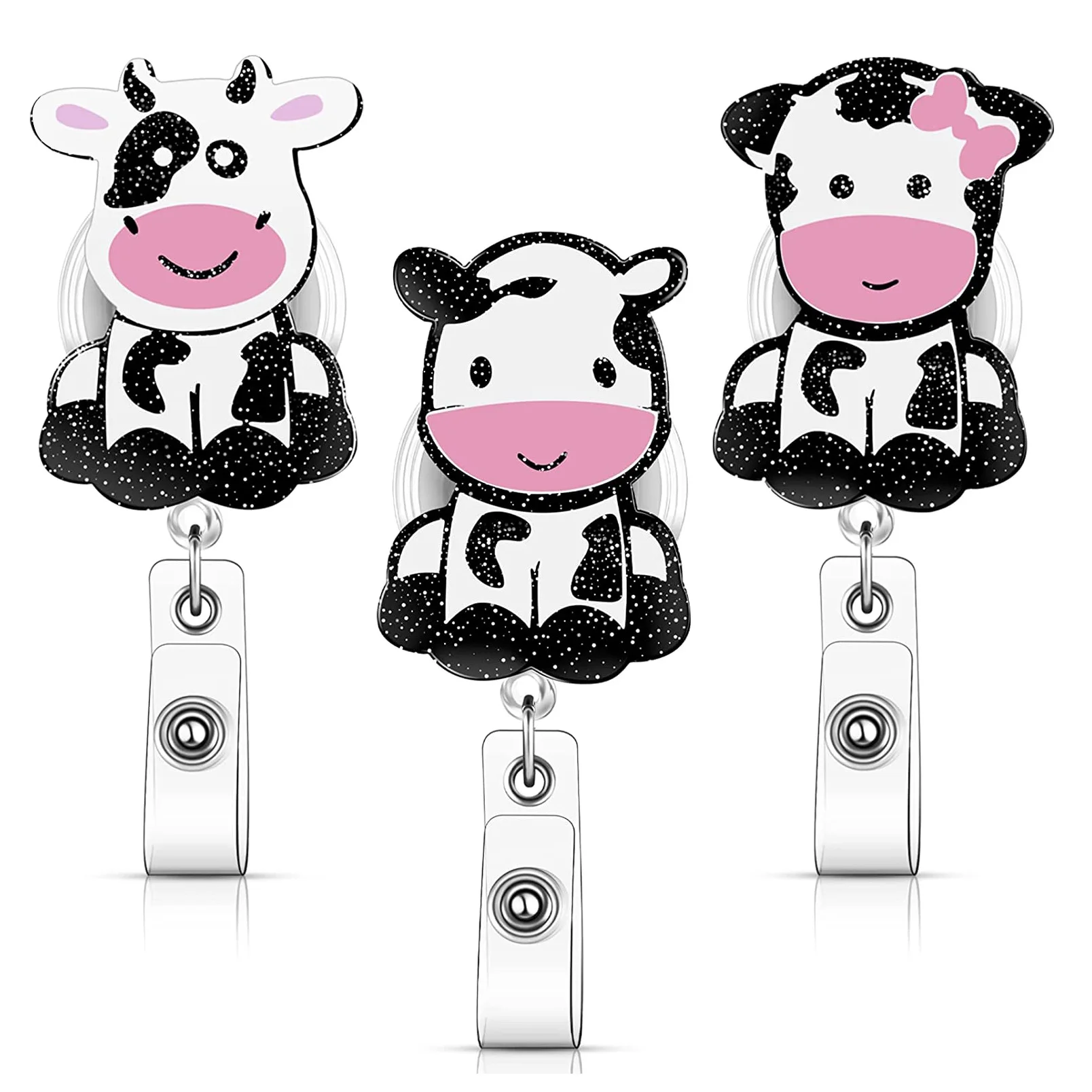 

1pcs cute glitter cow family Badge Reel Nurse Workers Enfermera ID Holder Girl Boy Retractable Name Card Holder Accessory