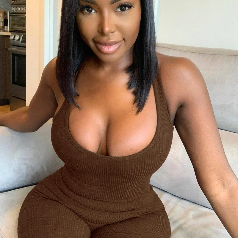 Women Rompers Solid Knitted Ribbed Stretchy Halter Sleeveless Summer Skinny Sportwear Fitness Jumpsuit Workout Outfit Overalls