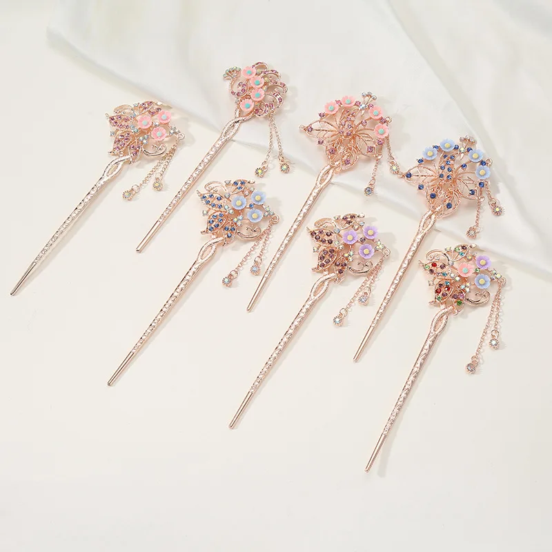 

China Classical Style Flower Leaves Hairpins Crystal Rhinestone Tassel Hair Sticks Gold Hair Pins Wedding Hair Accessories