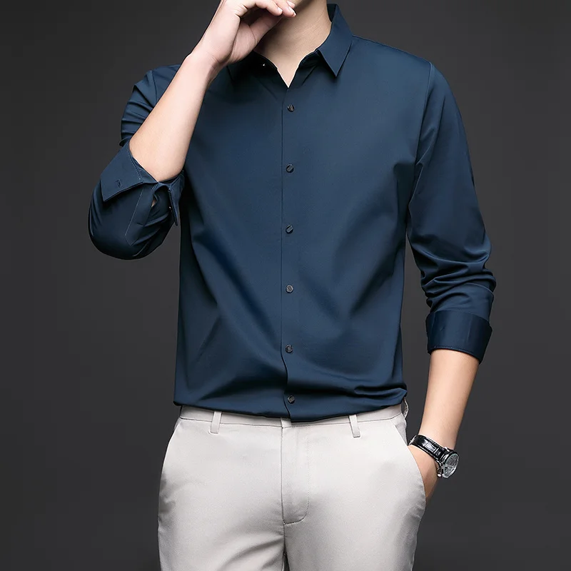 

Рубашка мужская эластичная однотонная, шерстяная деловая Повседневная, бесшовная, с длинным рукавом, весна-осень