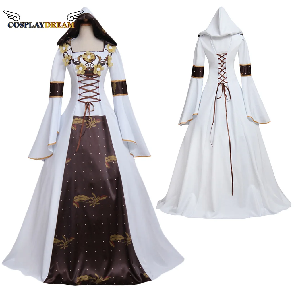 

Белое платье вампира на заказ для взрослых, белое длинное платье невесты в готическом стиле, платье в викторианском стиле с капюшоном, костюм для косплея на Хэллоуин