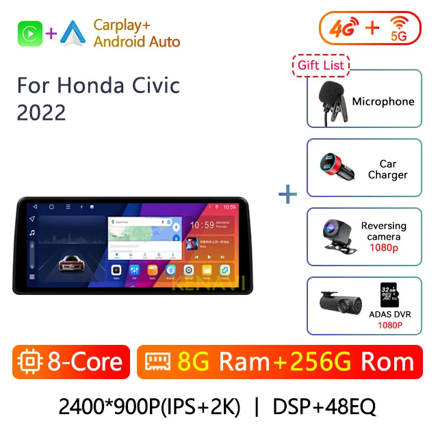

12,3-дюймовый 8 + 128G 2 Din Android автомобильный стерео радио для Honda Civic 2022 мультимедийный видеоплеер навигация GPS Carplay автоматическое головное устройство без DVD с аксессуарами для экрана