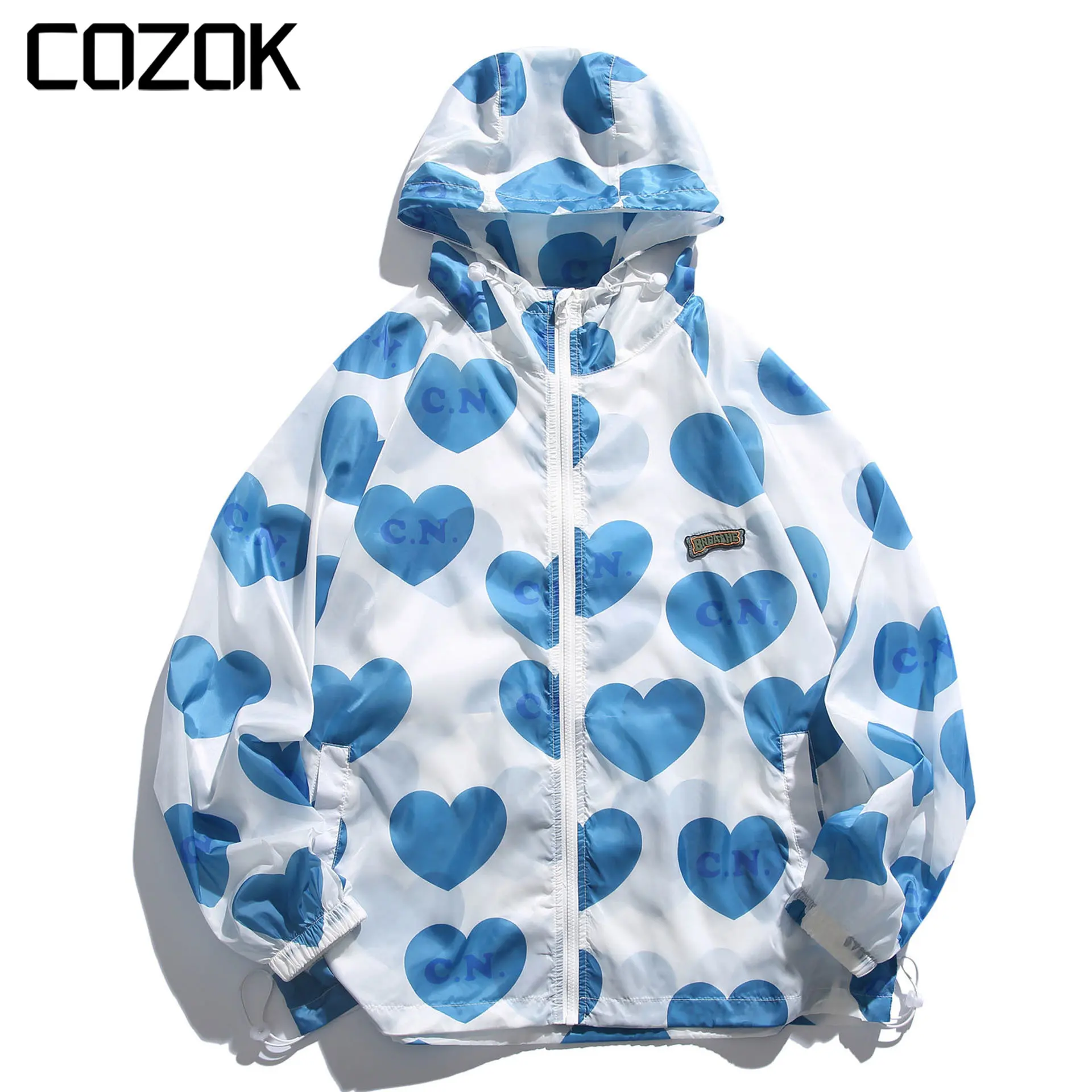 

New Summer Heart Full Print Thin Men Hooded Jacket High Street Ice Silk Sunscreen Unisex Casual Skin Coat Couple Windbreaker