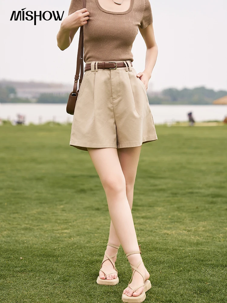 MISHOW Light Khaki Shorts for Women 2023 Summer High Waist Straight Wide Leg Casual Short Pants with Belt Office Lady MXC38K0120