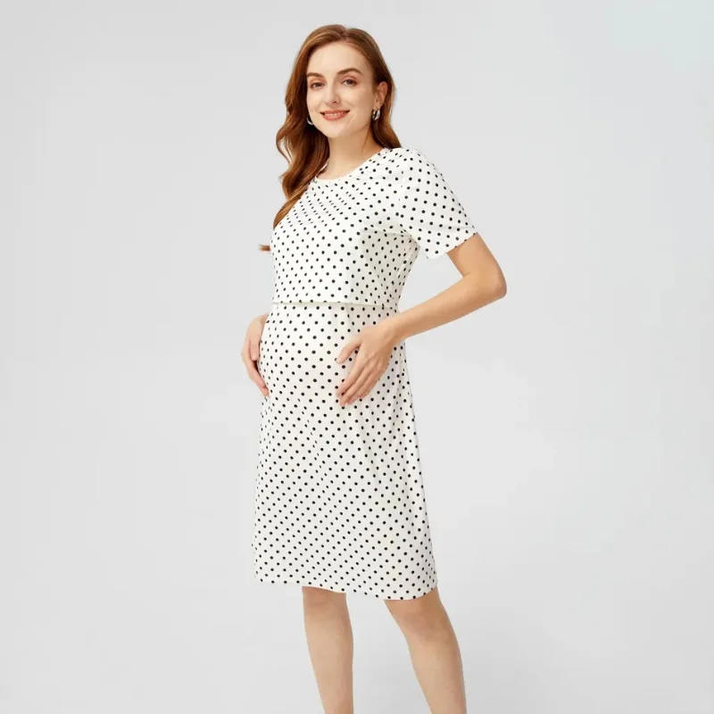 Summer Women Pregnancy Clothes Fashion Breastfeeding Dress Plus Size Dress DOT Knee-Length Boat Neck Casual Maternity Dresses enlarge