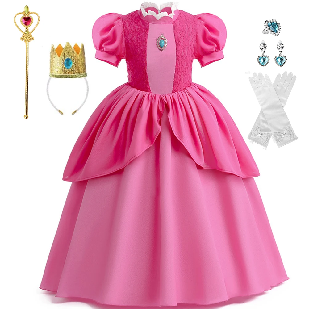 

Girls Dresses Peach Cosplay Princess Costume Lace puff Sleeve Robe Christmas Clothes Kids Birthday Carniva Party Vestidos 3-10 Y