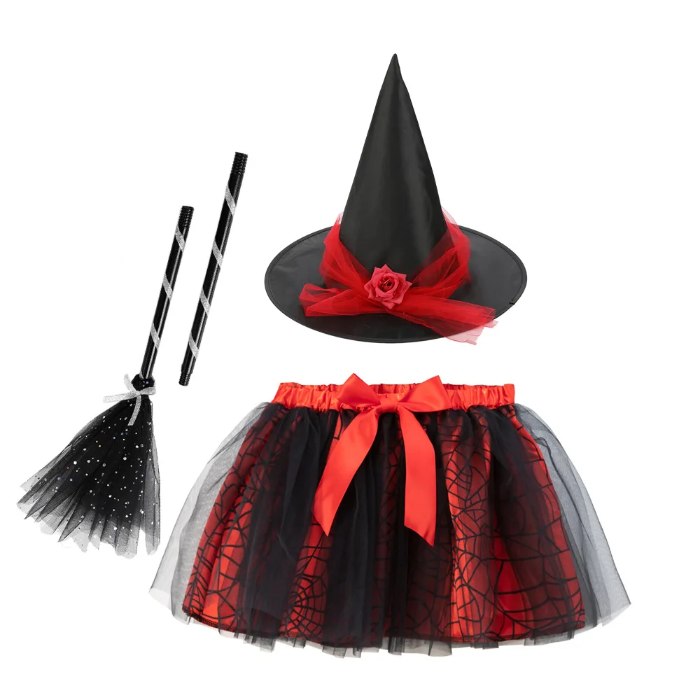 

Halloween Kids Children Girls Toddlers Witch Costume Set Tutu Skirt with Magic Hat Broom Outfit Cosplay Props