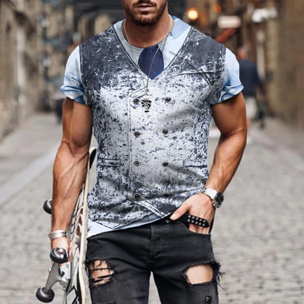 

Men 3D Fake Suit Bow Tie Fashion Casual Camiseta Short Sleeve Tee T-Shirt