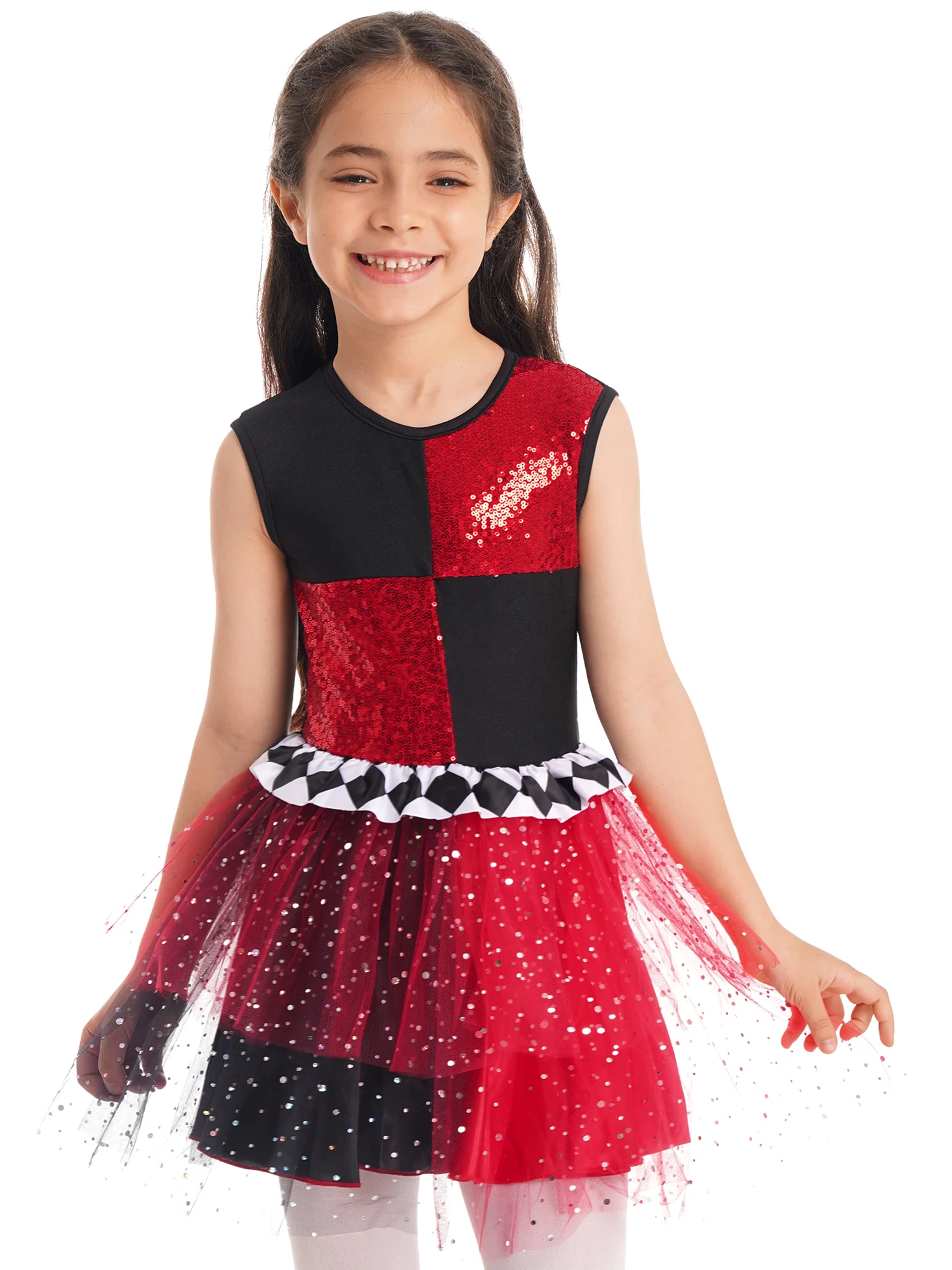 

Kids Girls Shiny Sequin Clown Dress Up Costumes Sleeveless Ruffle Color Block Tulle Tutu Jumpsuit Cosplay Garments Dress