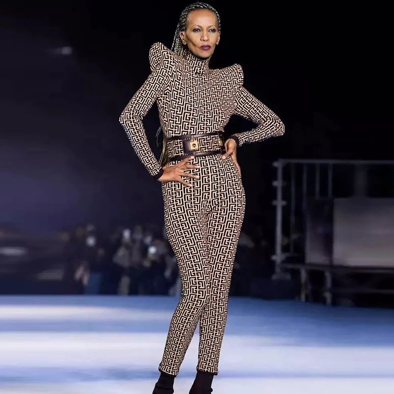 HIGH STREET Latest 2022 Fashion Designer Runway Show Women's Peak Shoulder Long-Sleeved Geometric Jacquard Knitted Jumpsuit