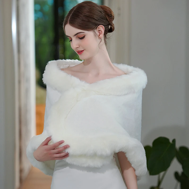 

Wedding Accessories Artificial Wool Shawl White Shrugs Bride Elegantly Up Winter Coat For Women and Girls