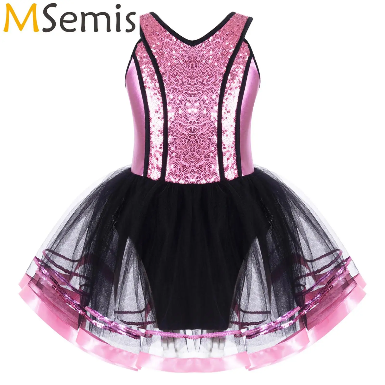 

Toddler Girls Gymnastics Leotard Ballerina Tutu Dance Dress Shiny Sequins Kids Ballet Leotards Costume V Neckline Mesh Dancewear