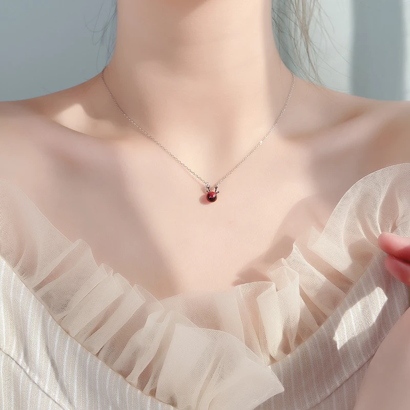 

925 sterling silver all the way with you necklace female garnet antler collarbone sweater chain pendant Christmas theme gift