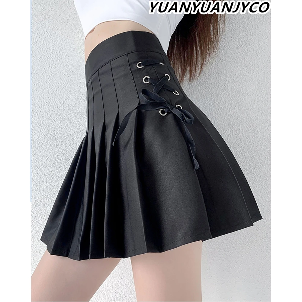 

YUANYUANJYCO Korean Style High Waist Shoelace Short Pleated Skirt Elegant A-Line Black Mini Skirts Spring Summer Women Clothing