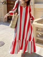 women striped maxi dress celmia fashion long lantern sleeve sundress vintage sitching hem v neck vestidos casual loose long robe