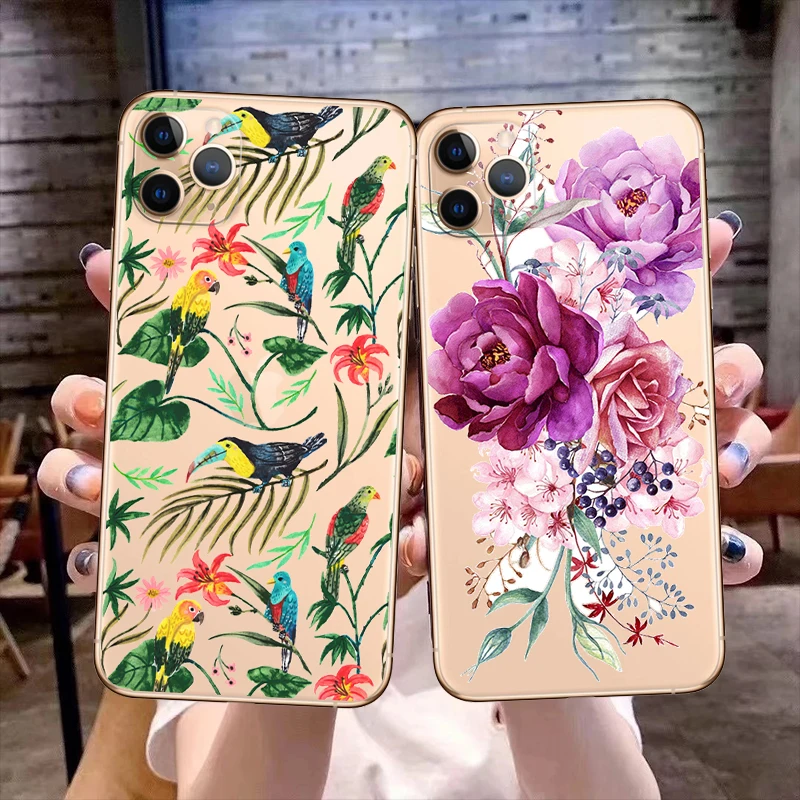 

Fashion Tropical plants Flower Phone Cover For iPhone 11 12 13 14 Pro Max X XR XSMax 7 8Plus 13Mini Clear Soft Silicone TPU Case