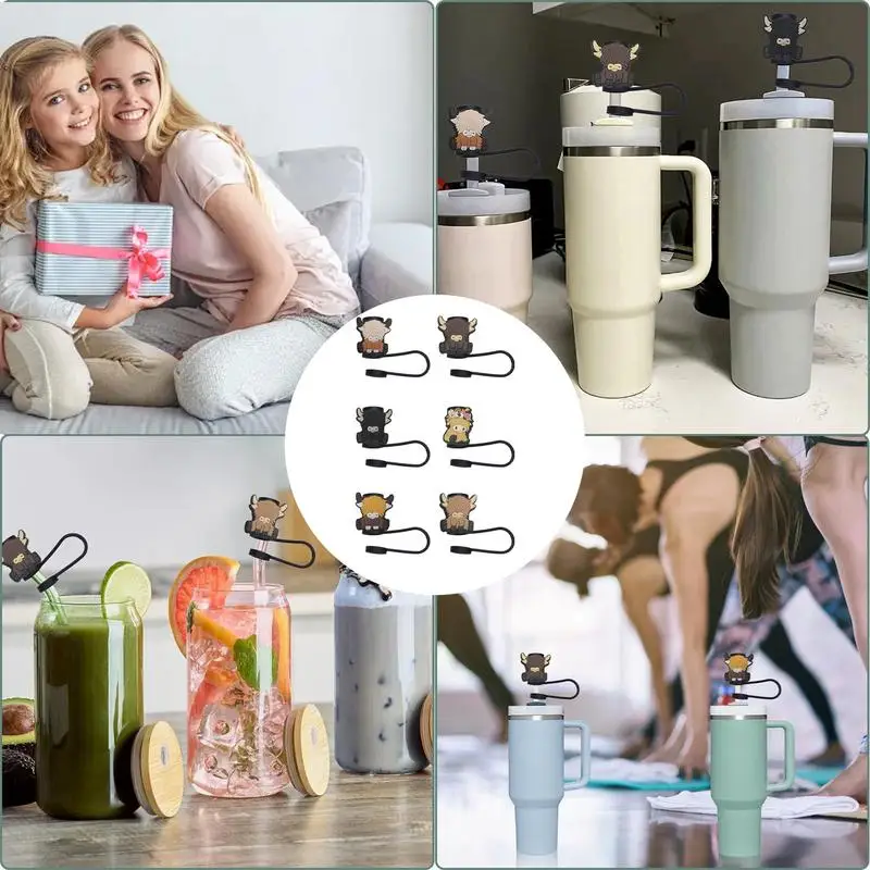 Топперы из коровьей соломы для стаканов 6X Highland Cow многоразовые соломенные