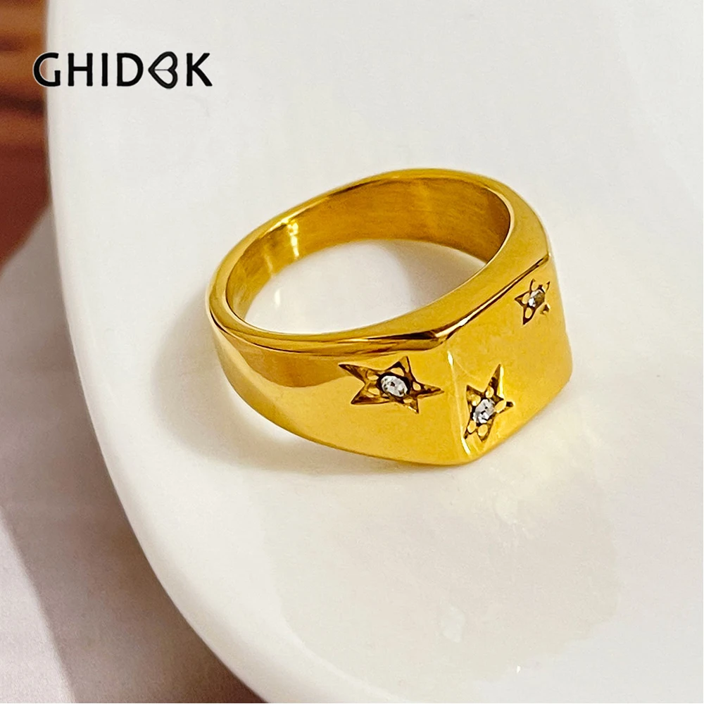 

GHIDBK Gold Plated Rhinestones Square Starburst Signet Ring Women Stylish Engraved Stainless Steel Rings Bijoux High Quality