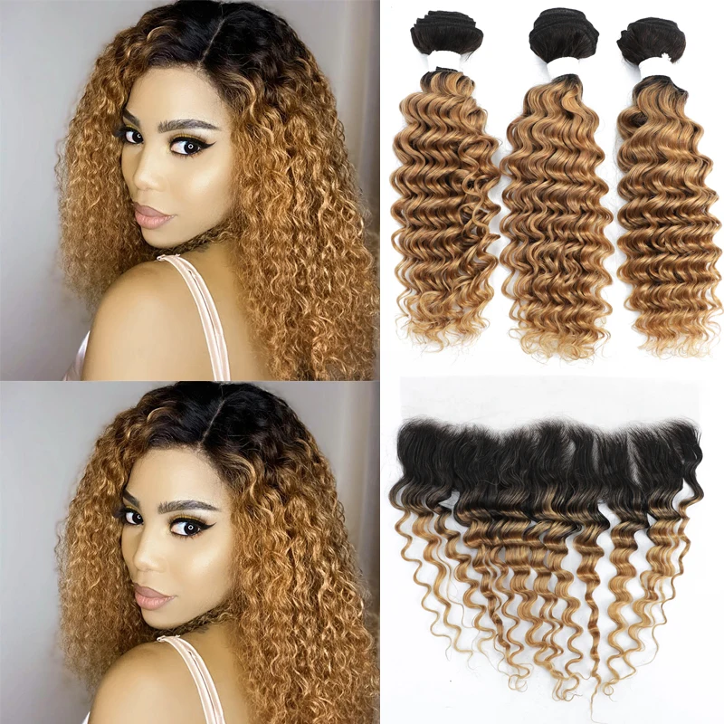 

Deep Wave Bundles With Frontal T1B/27 Ombre Brown Colored Hair Bundles With Closure Brazilian Remy Human Hair Weave Bundles
