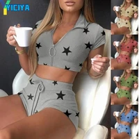 yiciya summer tracksuits for women star print lapel knitted sexy suit grey casual fashion two piece sets womens outifits 2022