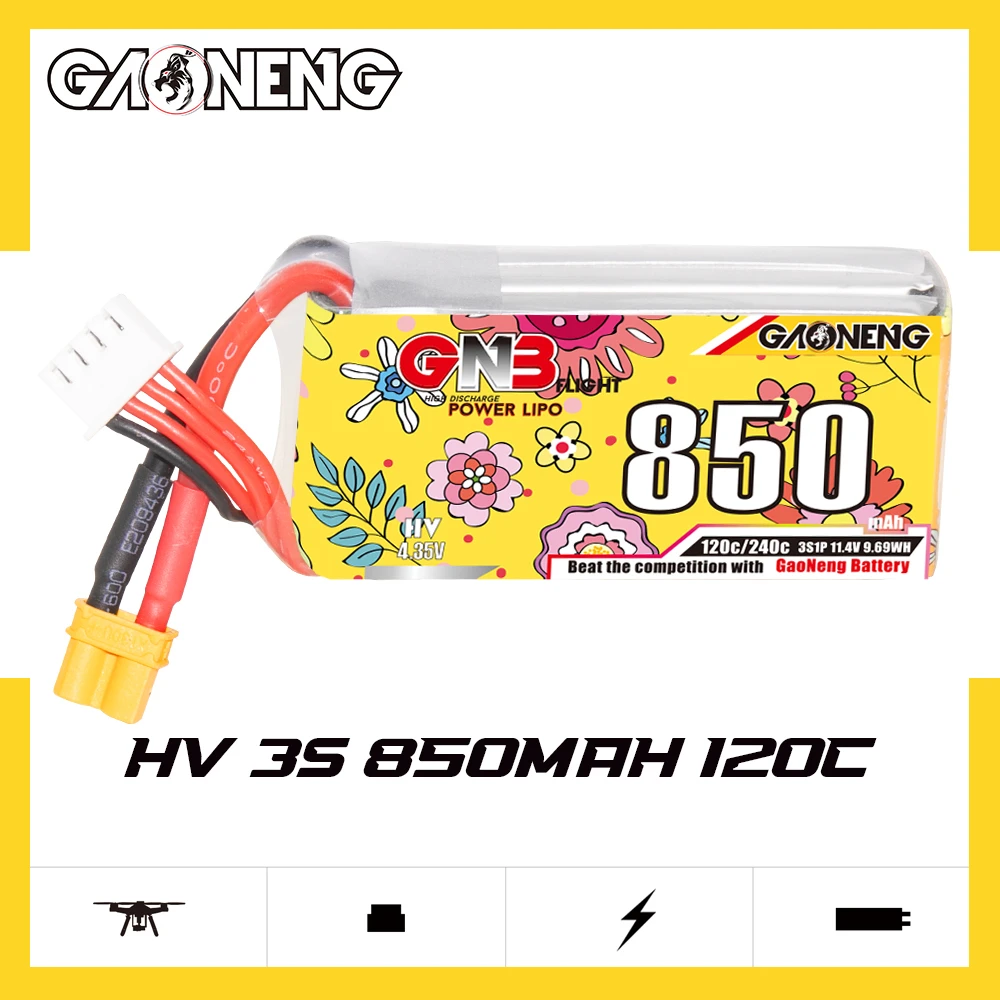 

2PCS Gaoneng GNB 3S1P 850mAh 11.4V 120C HV Lipo Battery With XT30 Plug For FPV Racing Drone 4 Axis UAV Quadcopter RC Drone Parts