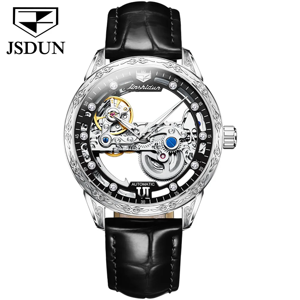 

JSDUN Automatic Mechanical Watch for Business Men See-through Skeleton Design Lether Male Waterproof Sapphire Glass Watches 8917