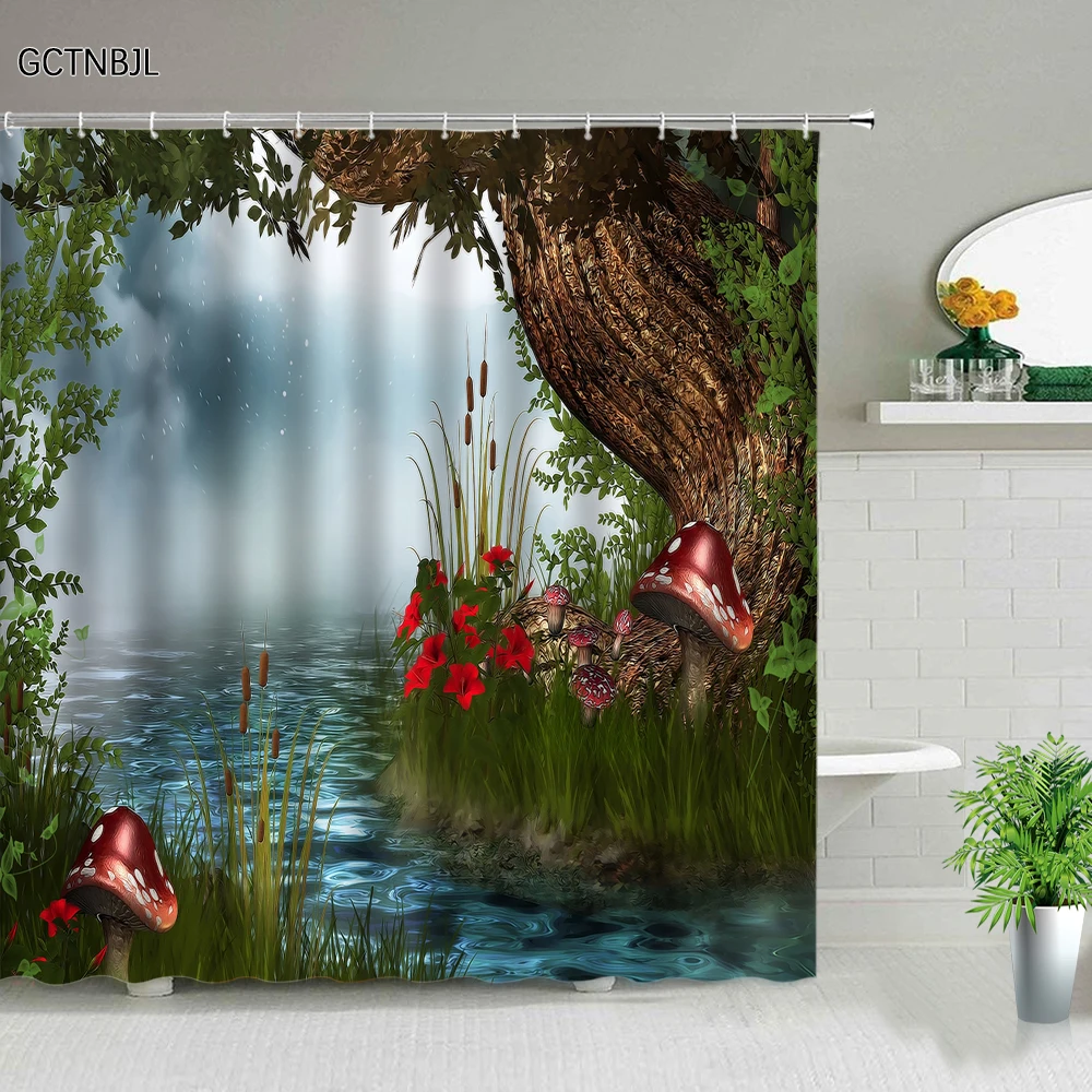 fantasy enchanted forest shower curtain set mystery fairy forest home bathroom decor mushroom flower plant hanging curtains hook free global shipping