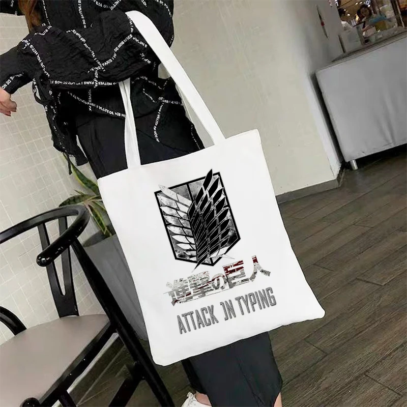 

Japanese Anime Attack On Titan Shopping Bag Reusable Women Fashion Tote Shopper Cotton Canvas Bag Design High Capacity Shoping