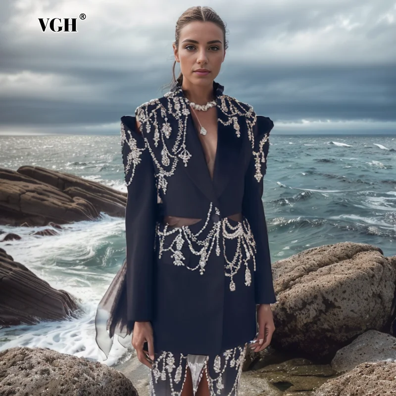 VGH ажурные лоскутные блейзеры с бриллиантами для женщин зубчатым воротником и