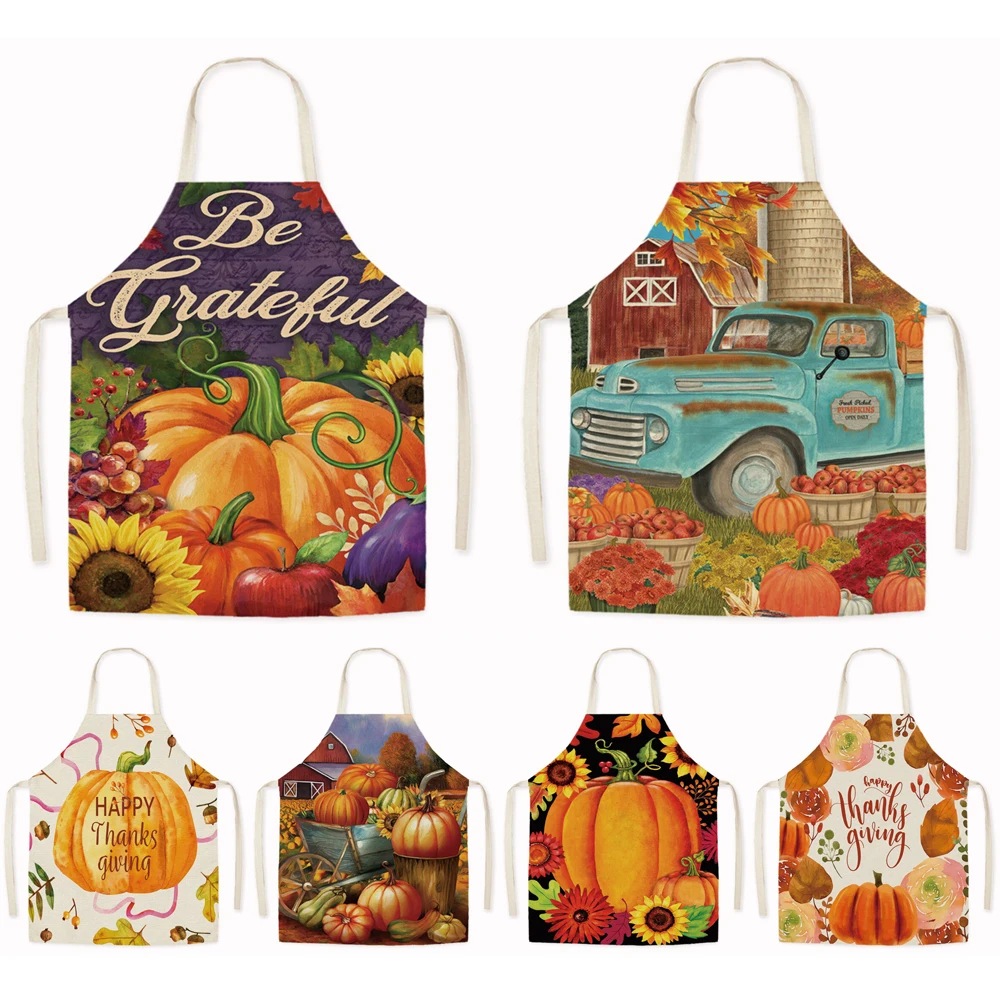 

Thanksgiving Print Kitchen Apron 55*68cm Cartoon Pumpkin Aprons for Men Women Sleeveless Household Cleaning Tools Cooking Bib
