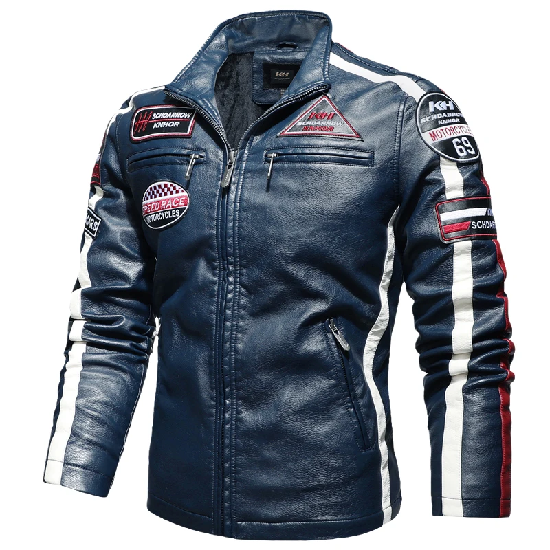 

New Motorcycle Jacket Men Winter Mens Casual Embroidered Bomber Coat Fleece Pu Vintage Overcoat Biker Leather Jackets EU Size