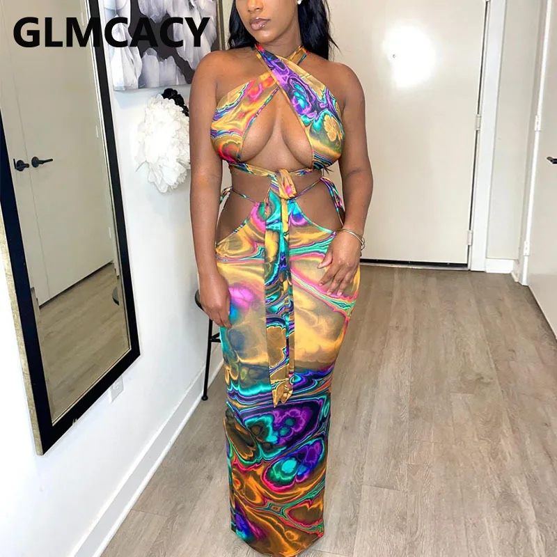

Women Two Piece Vintage Dress Suits Halter Backless Crop Top & Slim Maxi Skirt Set