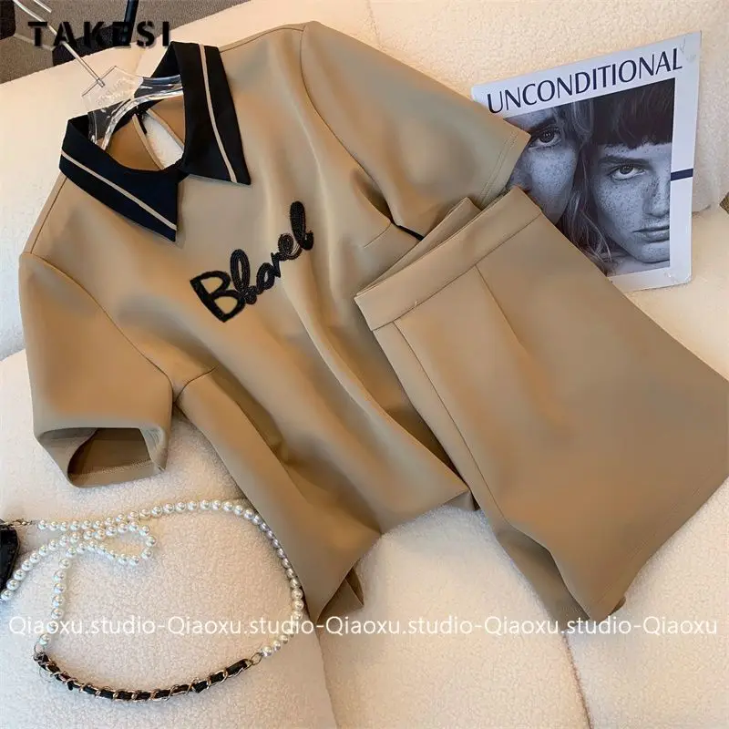

2023 Summer Fashion Casual Office Lady Two-piece Set Women Short Sleeve Letter Print Top+Sheath Shorts Solid Shorts Set Outfits
