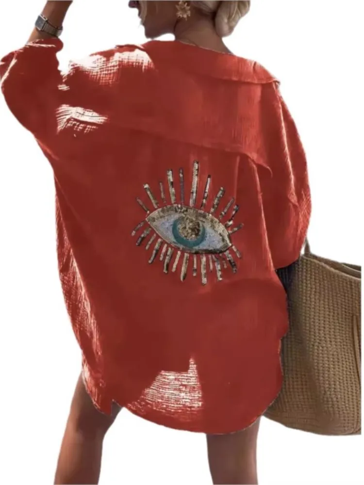 Летняя повседневная рубашка с блестками и длинными рукавами женская модная в