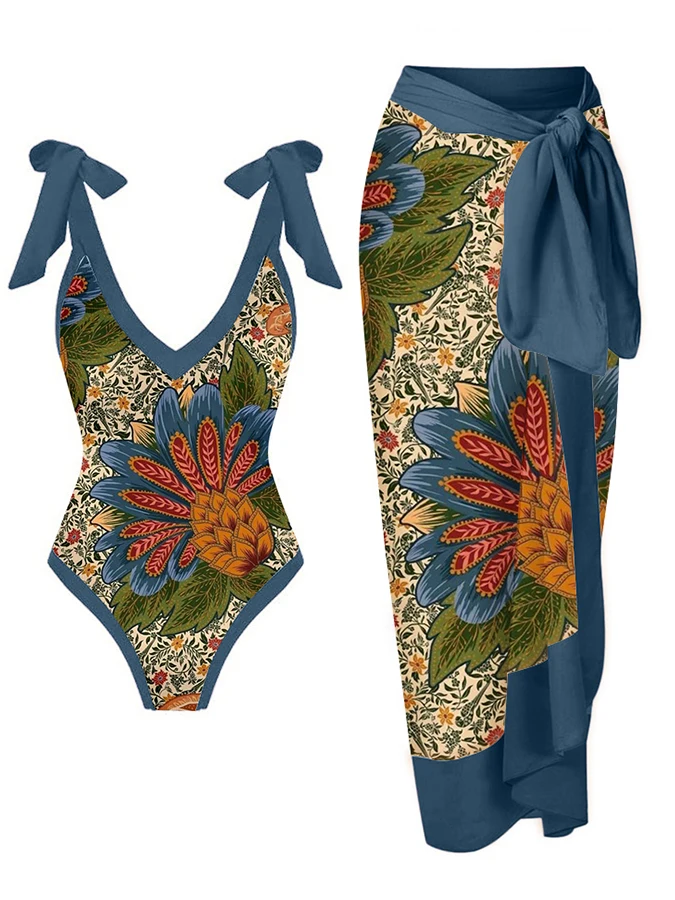 

New Women Bandeau Floral Print Swimsuit Summer Ruffle Bowknot Swimwear Monokini Tummy Control Bathing Suit V Neck With Cover Up