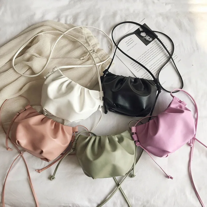 

Women Shoulder Bag Small Leather Crossbody Bag Female Solid Color Pleated Design Ladies Messenger Bag Mini Zipper Cloud Bag