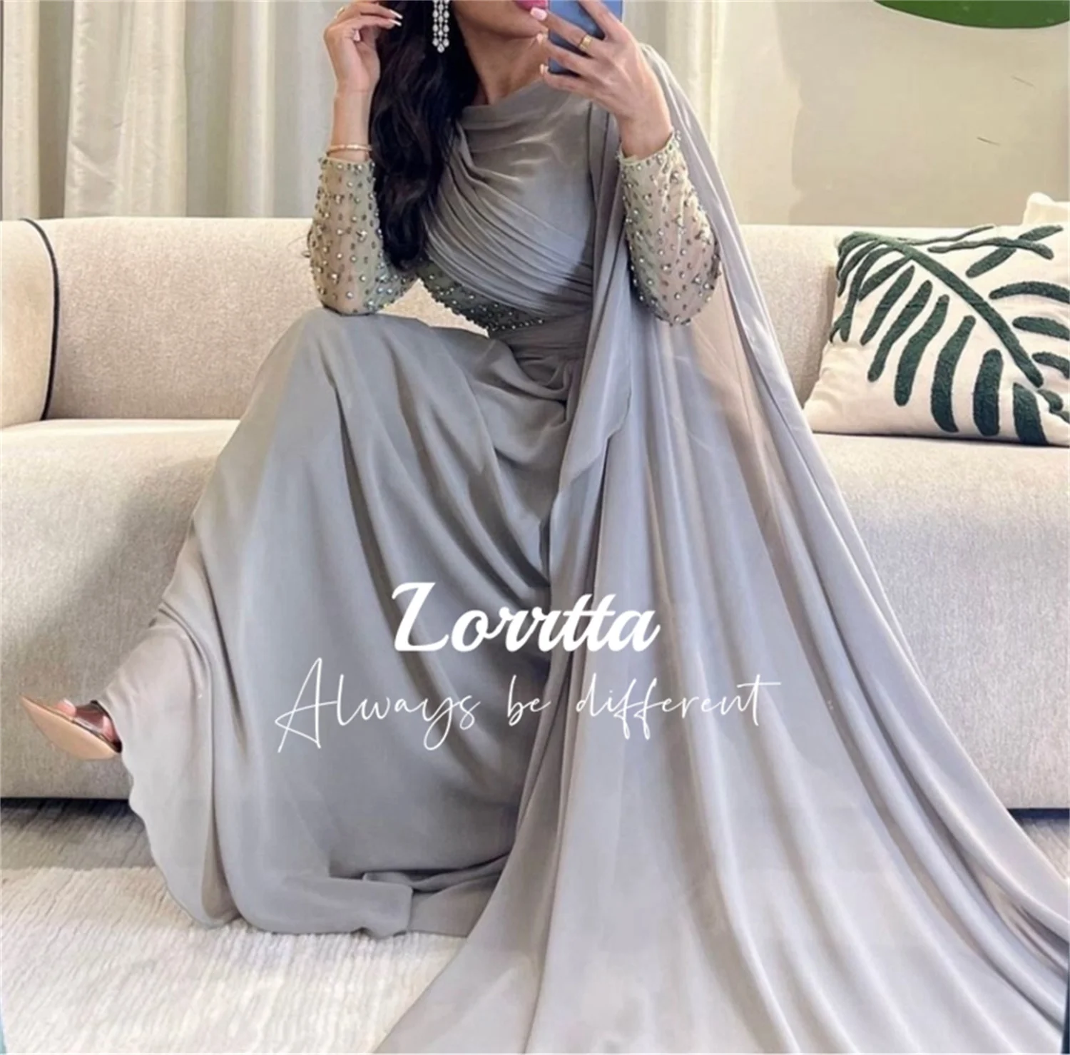

Lorrtta A Line Chiffon Evening Gown Luxurious Crystal Saudi Arabia Floor Length Turtle Neck Ball Gown for Women Party Dresses