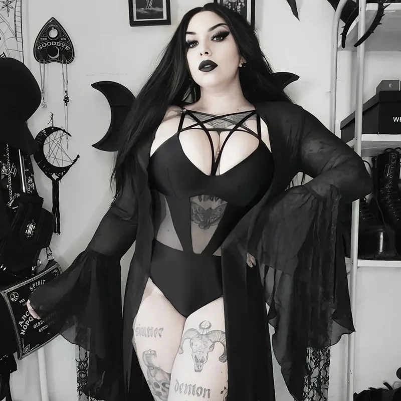 

Goth Dark Transparent Bodysuit Festival Pentagram Outfit Gothic Mesh Corset Backless Strappy Bodysuit Sexy Summer Belt Bodysuit