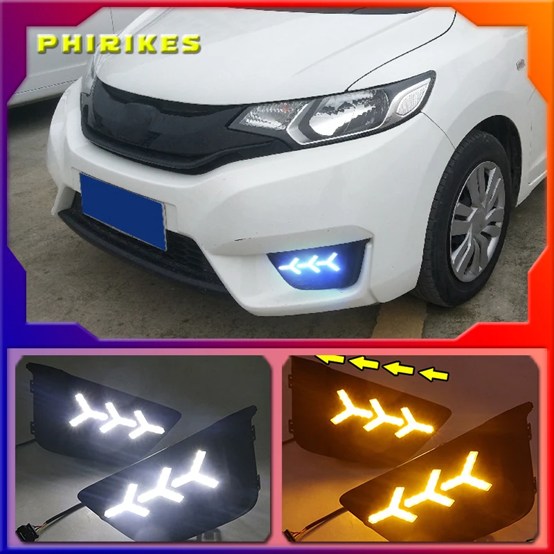 

Светодиодные дневные ходосветильник DRL для Honda Jazz Fit 2014 2015 2016 12 В, водонепроницаемые противотуманные фары с поворотным желтым сигналом