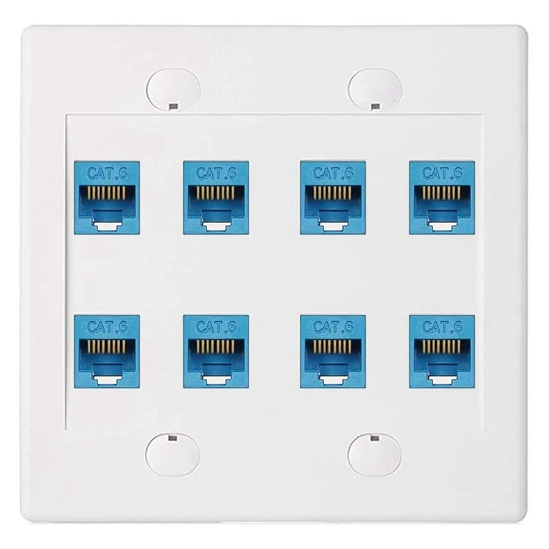 

Ethernet Wall Plate 8 Port - Double Gang Cat6 RJ45 Keystone Jack Network Cable Faceplate Female To Female - Blue