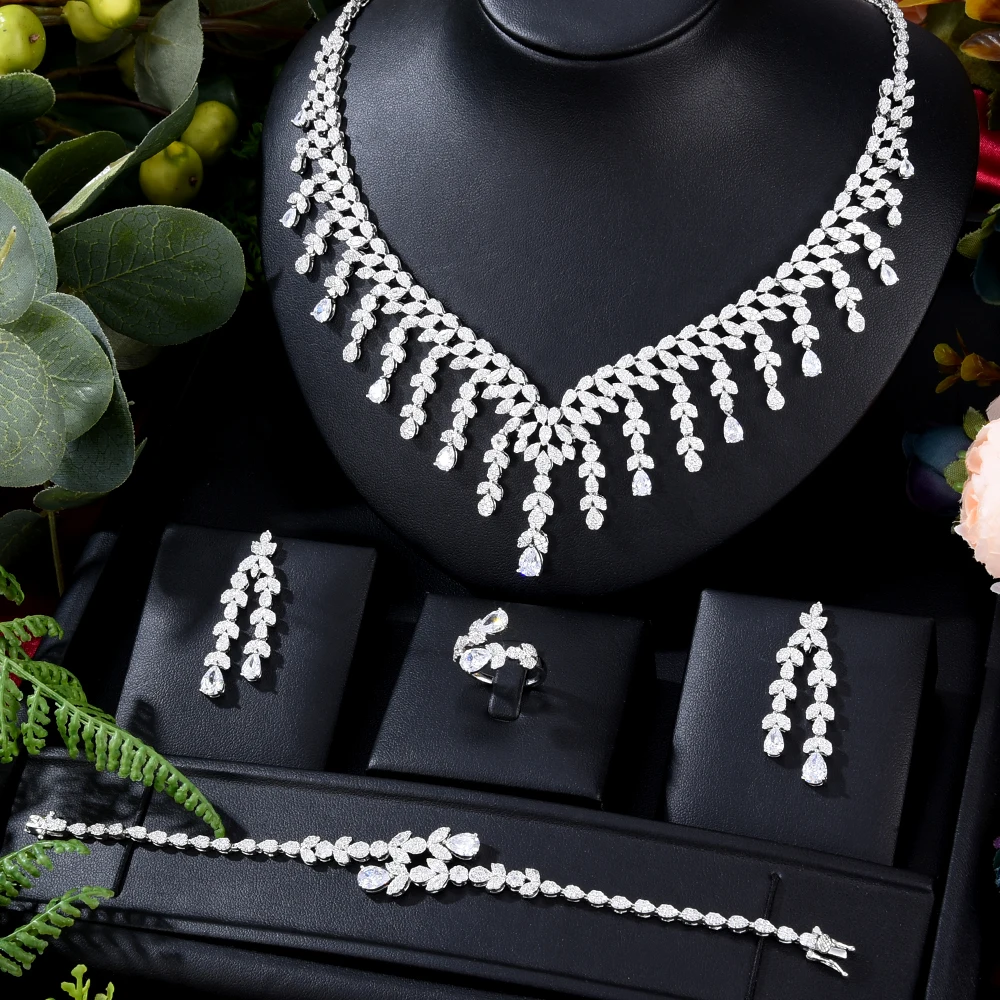 

Jimbora New Original Luxury New 4PCS Big Necklace Bracelet Earring Ring Jewelry Sets Cubic Zirconia For Woman Wedding Engagement
