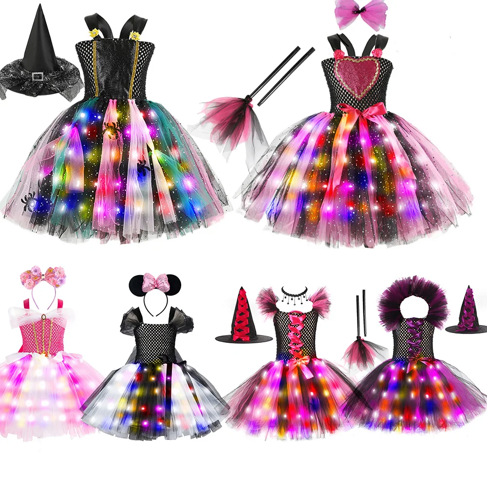 

Halloween Costume For Kids Girl Witch Cosplay Tutu Dress With LED Light Up Fancy Carnival Disguise Party Princess Dresses 3-8Y