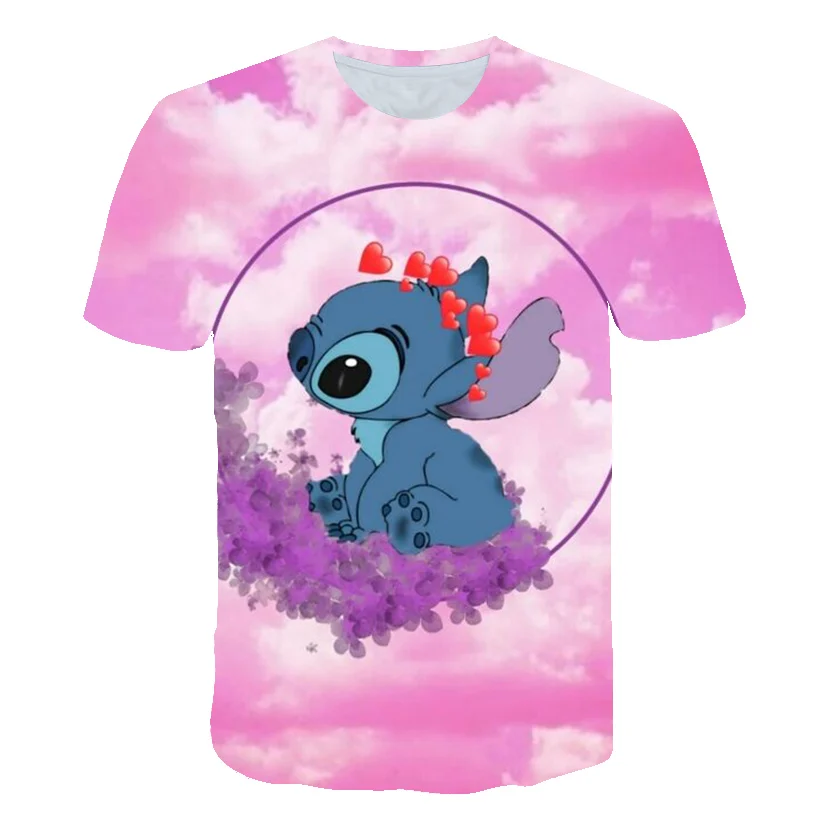 

2022 Summer Pink girl clothes 3d Printed Children T-shirt Anime Stitch Baby Cool Fashion Short Sleeve Boys Girls Round neck top