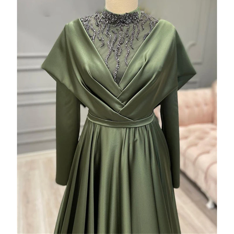 

2022 Elegant Muslim Evening Dress Long Sleeves High Neck Beading Appliques Special Occasion Party Dress Satin vestido de gala