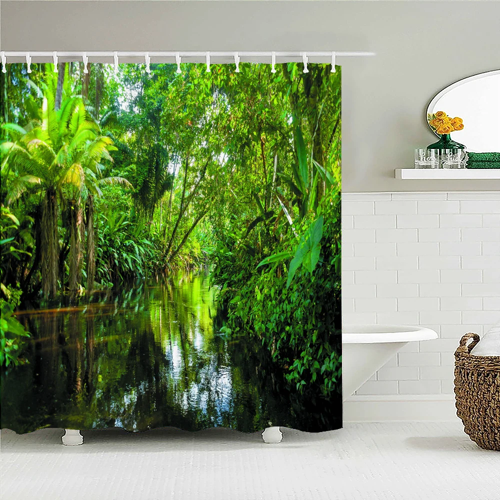 

Tropical Rainforest Shower Curtains Jungle Green Forest Trees Plants River Landscape Nature Scenery Bathroom Decor Bath Curtain