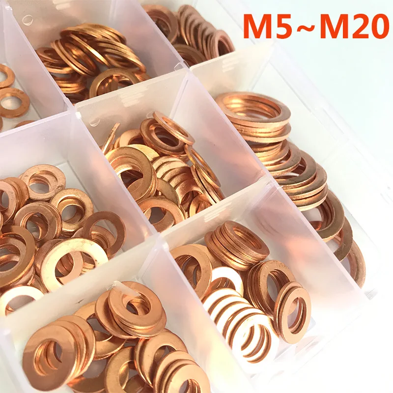 280Pcs Copper Washer Gasket Nut and Bolt Set Flat Ring Seal Assortment Kit with Box M5 M6 M8 M10 M12 M14 M16 M20  for Sump Plugs